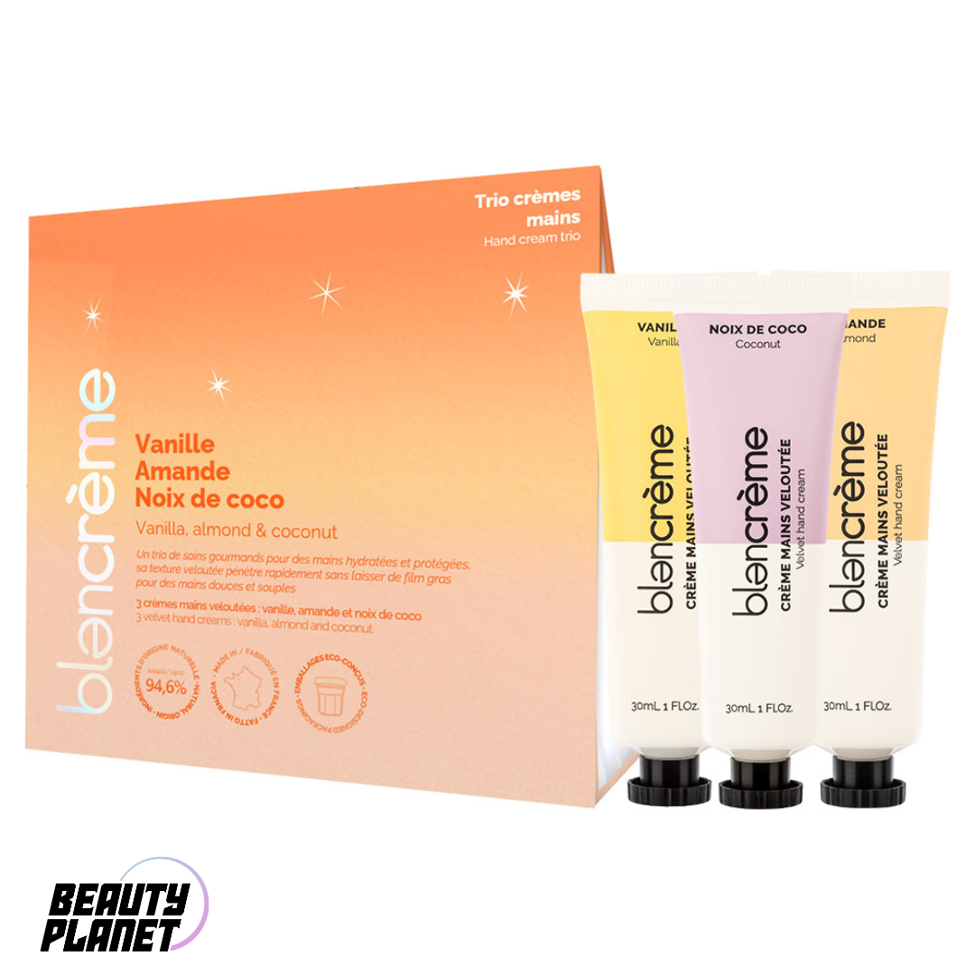 Blancrème Dream – Trio Cremes Mains – Gourmandes (Coco-Vanille-Amande)